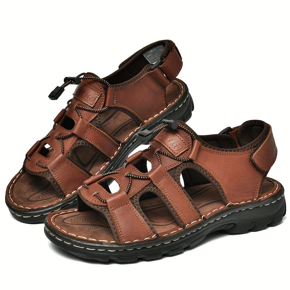 Plus Size Men's Top Grain Leather Vintage Old School Style Open Toe Breathable Sandals With Adjustable Buckle, Comfy Non Slip Durable Beach Water Shoes, Men's Footwear